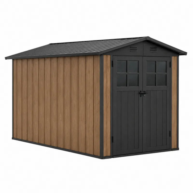 Metalowa szopa ogrodowa z tworzywa sztucznego drewnopodobnego, brązowo-czarna, 3x2 m