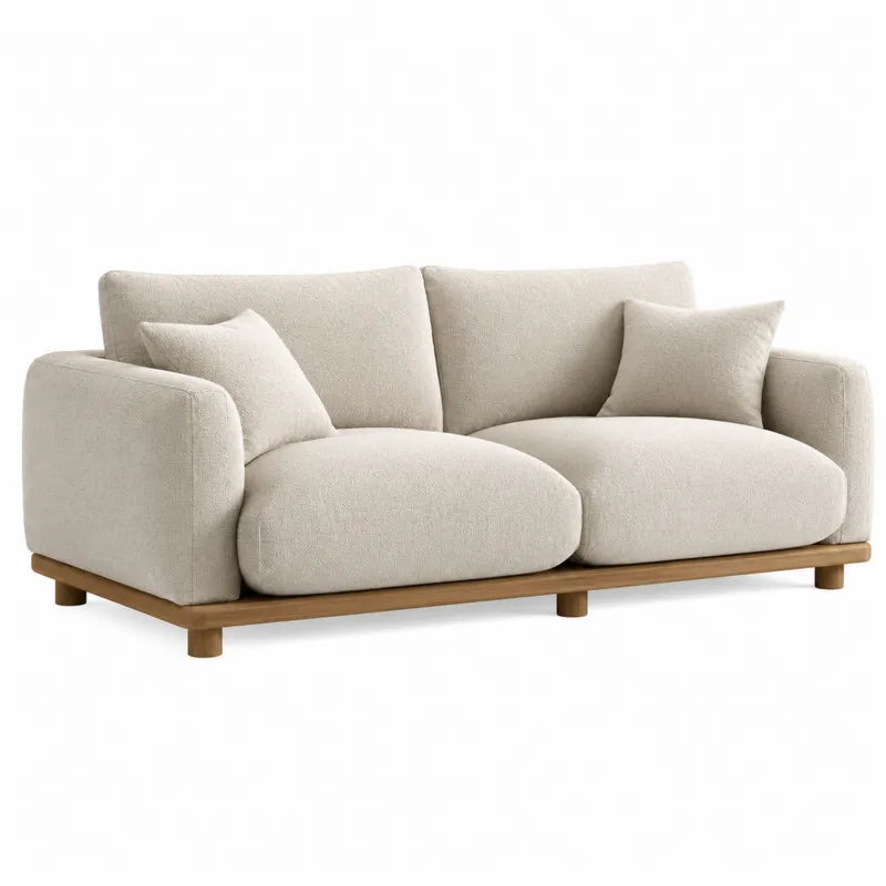 Dwuosobowa sofa z kremowej tkaniny lnianej z drewnianą podstawą